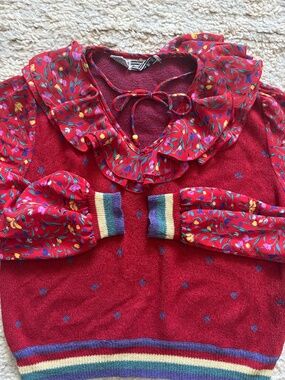 Vintage Gorgeous Sweater Blouse Ruffles Polka Dots and Vibrant Colors Ooak